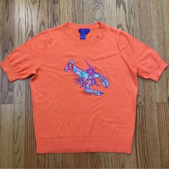 Twiggy London Orange Lobster Graphic Short Sleeve Crew Neck Knit Sweater Top - Picture 13 of 15
